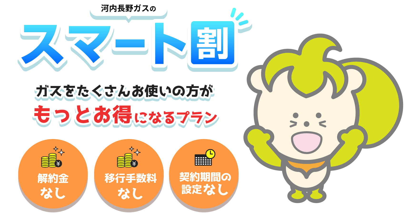 河内長野ガスのスマート割 ガスをたくさんお使いの方がもっとお得になるプラン 解約金なし 以降手数料なし 契約期間の設定なし